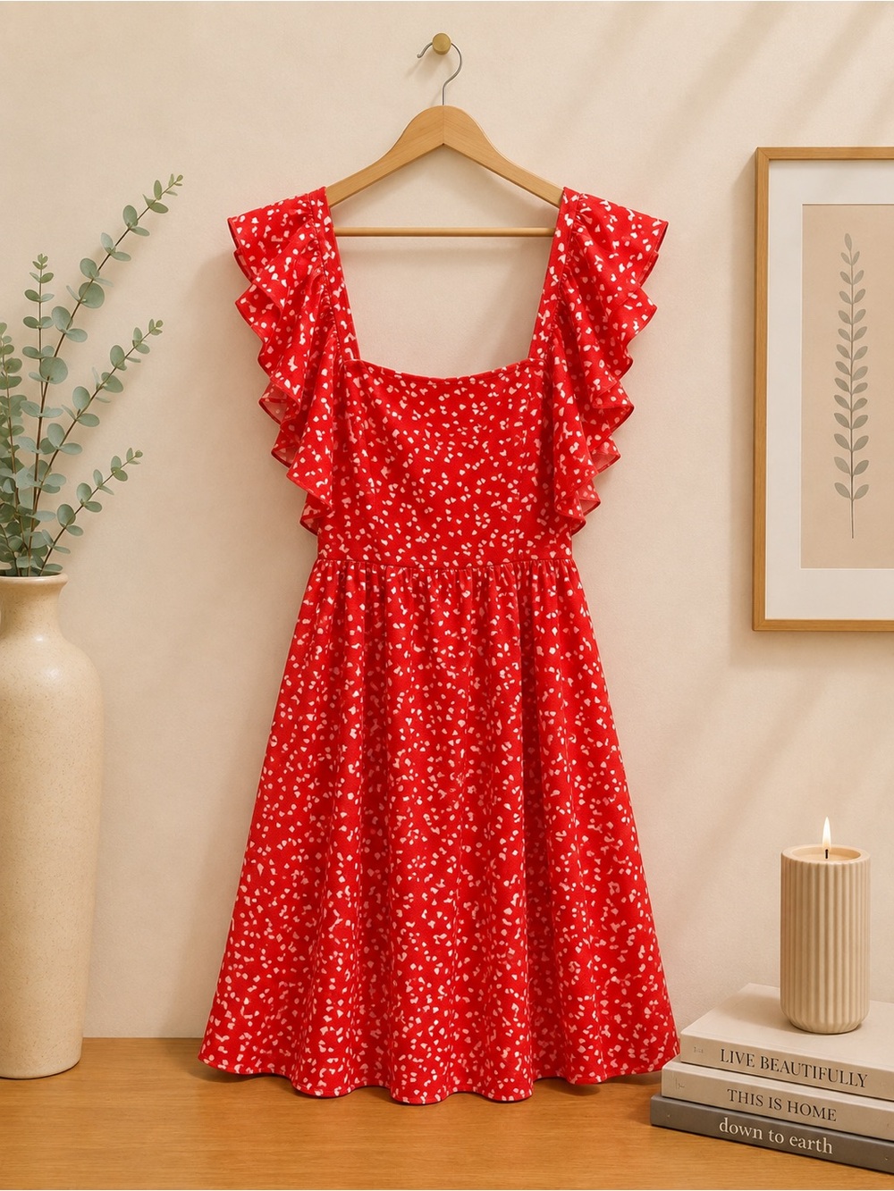 Red Ruffle Sleeve Sundress - Women